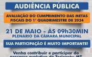 A PREFEITURA MUNICIPAL DE TORIXORÉU REALIZARÁ A AUDIÊNCIA PÚBLICA  PARA AVALIAÇÃO DO CUMPRIMENTO DAS METAS FISCAIS DE 1° QUADRIMESTRE DE 2024 NA CÂMARA MUNICIPAL NO DIA 21 DE MAIO ÀS 09h30min.